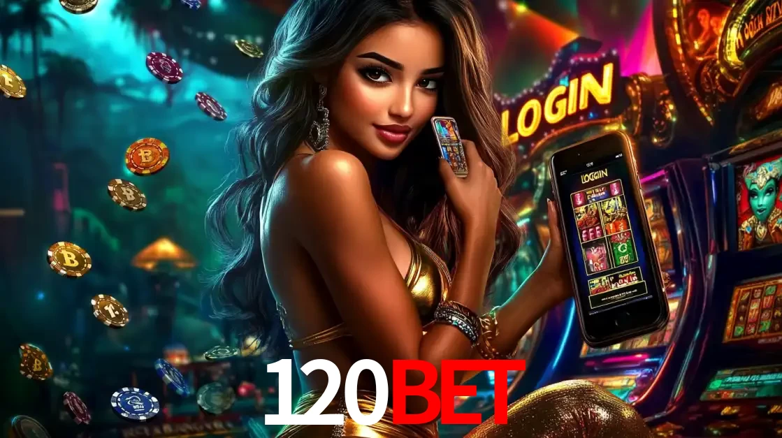 Mulher em um cenário de cassino temático de aventura, mostrando o app de caça-níqueis da 120bet no celular. Fichas de apostas flutuam ao redor.